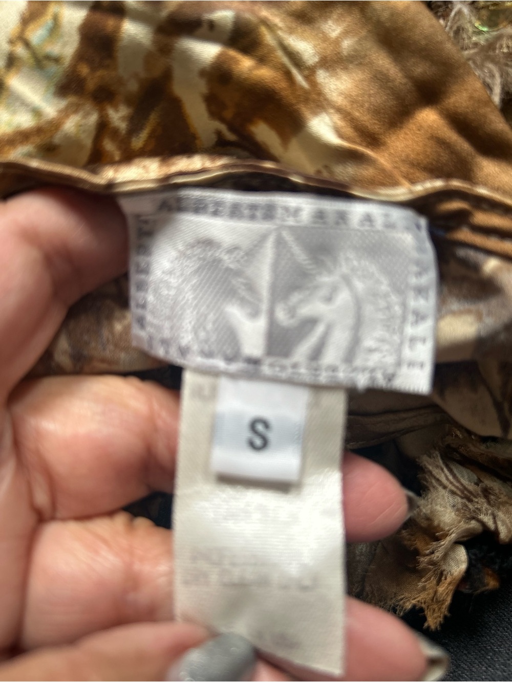 Y2K Alberto Makali Brown and Cream floral w/ feathers & Sequins tank Sz S - Picture 14 of 15